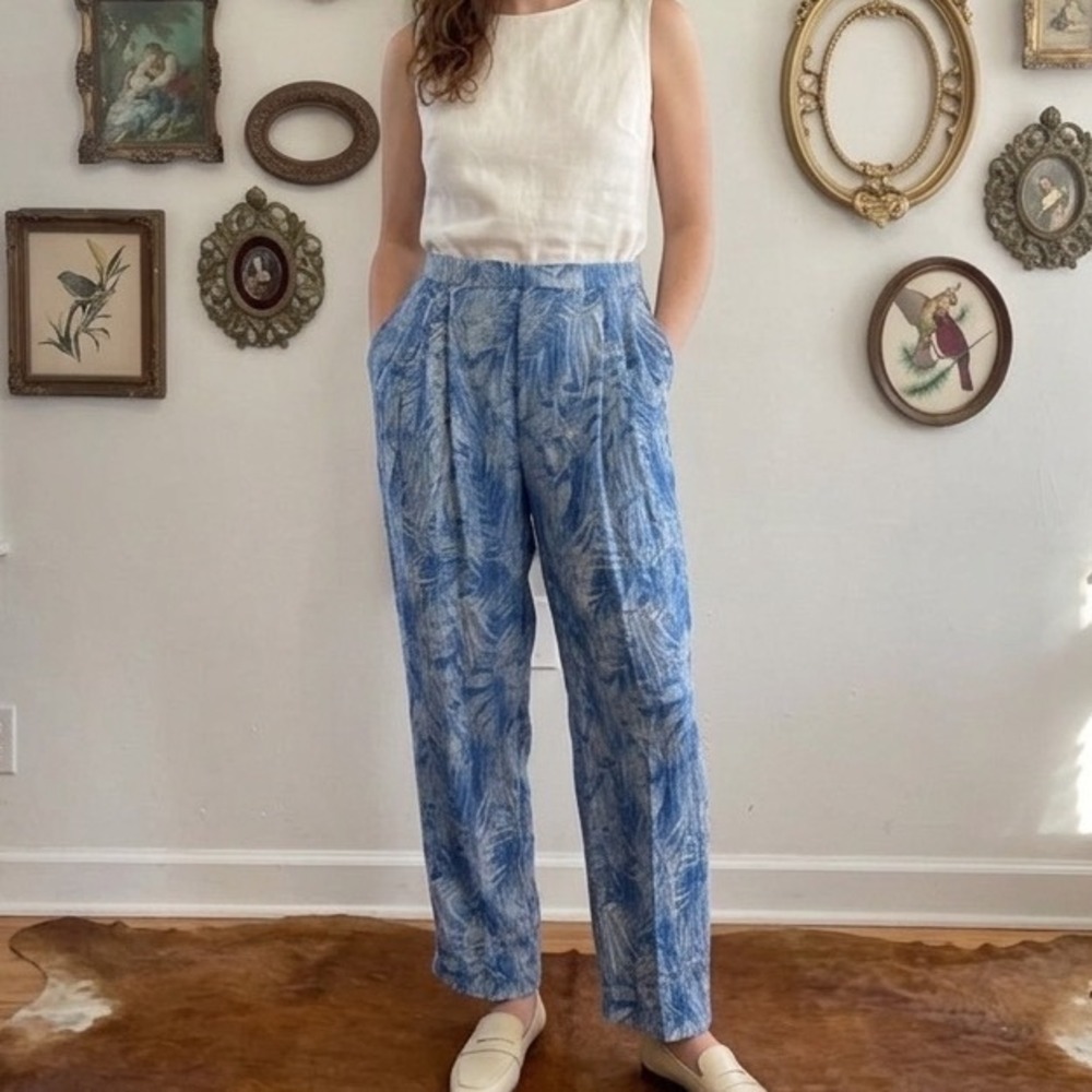Mia Vesper Women's Blue Metallic Tropical Plisse Wide Leg Pants Size L